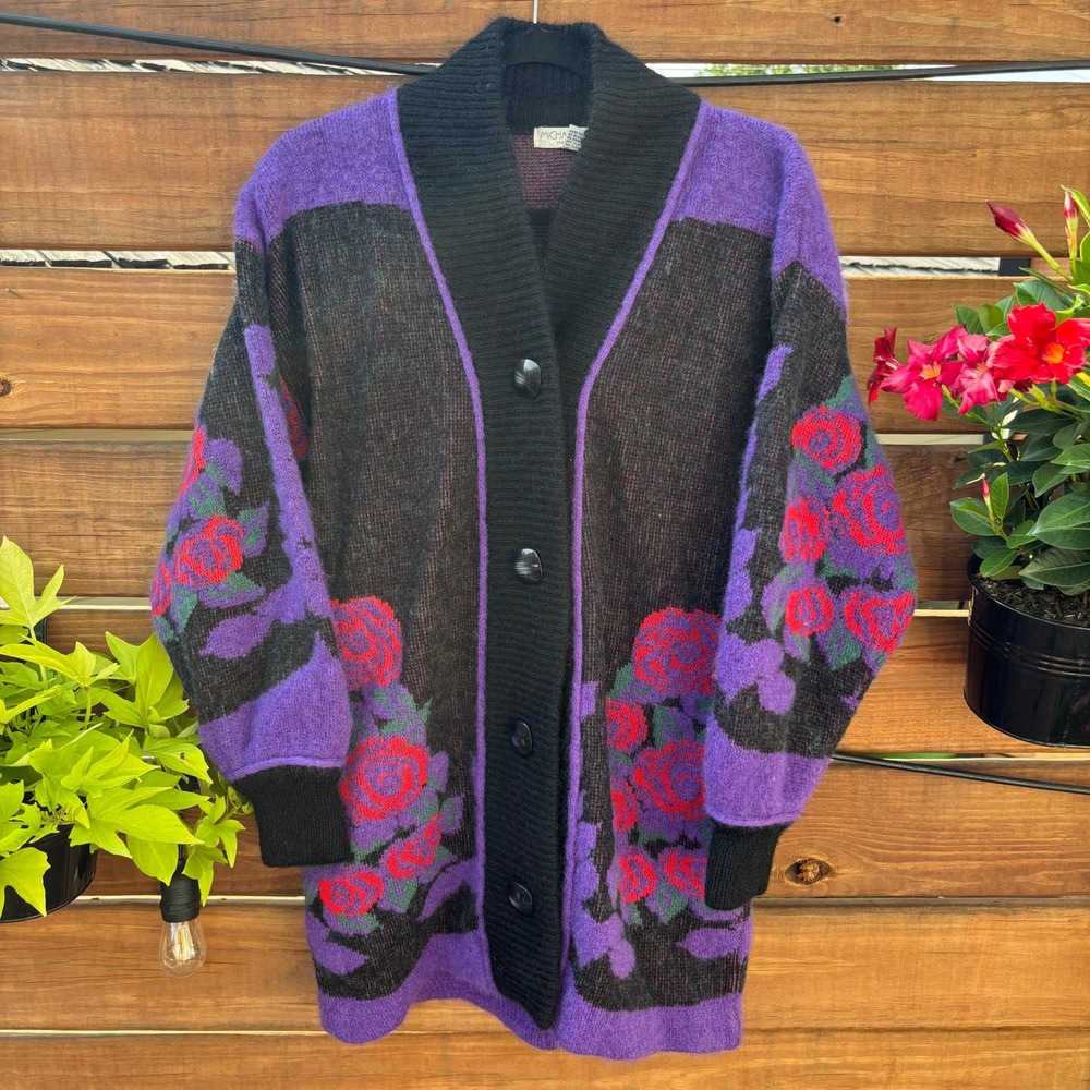 Michael Carol Cardigan Womens Small Purple Black Excellent Mohair Rose Sweater - Picture 1 of 3